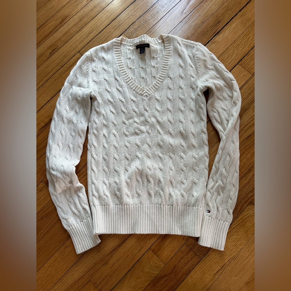 Tommy Hilfiger White V-Neck Cable Knit Sweater